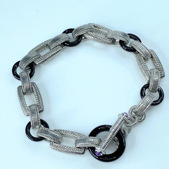Judith Ripka Sterling Onyx, CZ, Amethyst Chunky Link toggle Bracelet 8.5" JR8810